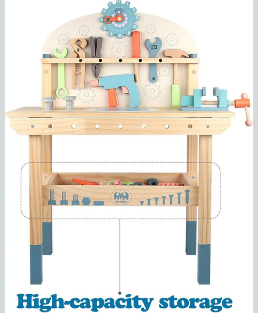 Wooden toy workbench with colorful tools, gears, and a pretend drill for kids