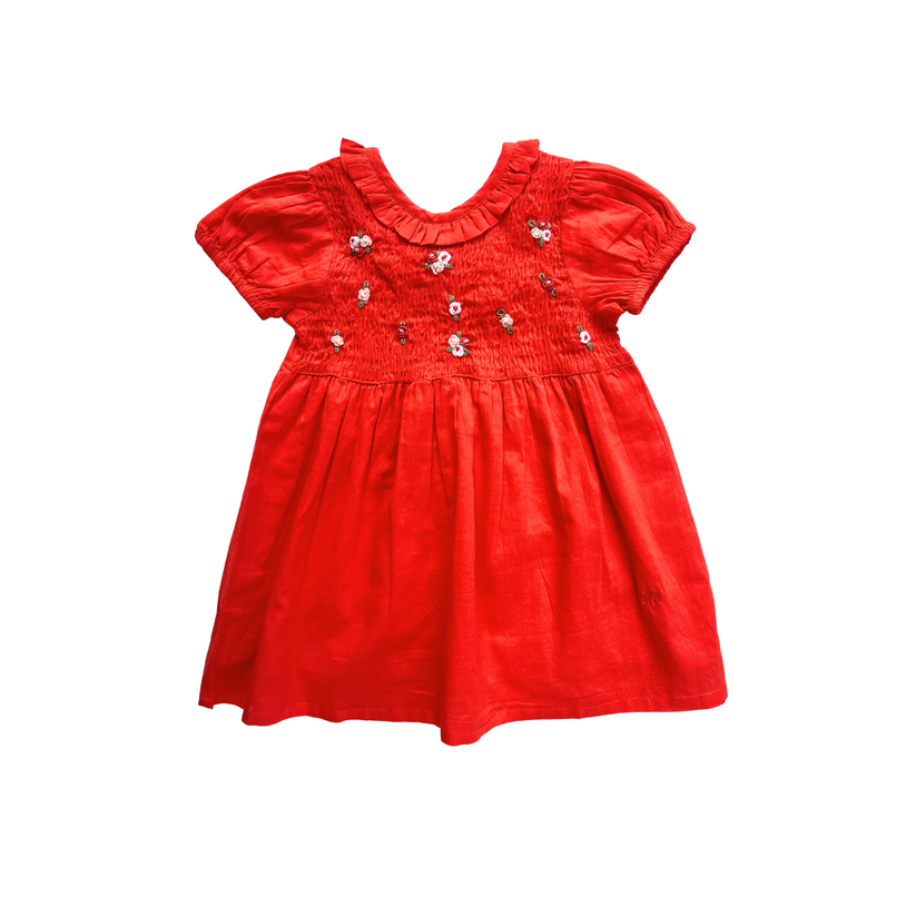 Lilah Shirred Plain Embroidered Dress-Red