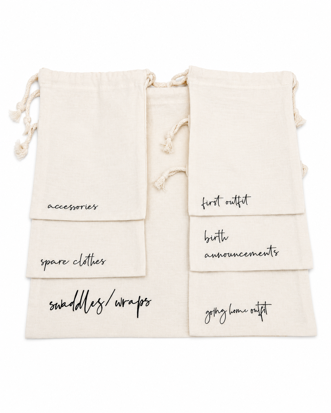 Minimalist maternity organiser set arranged on soft neutral bedding