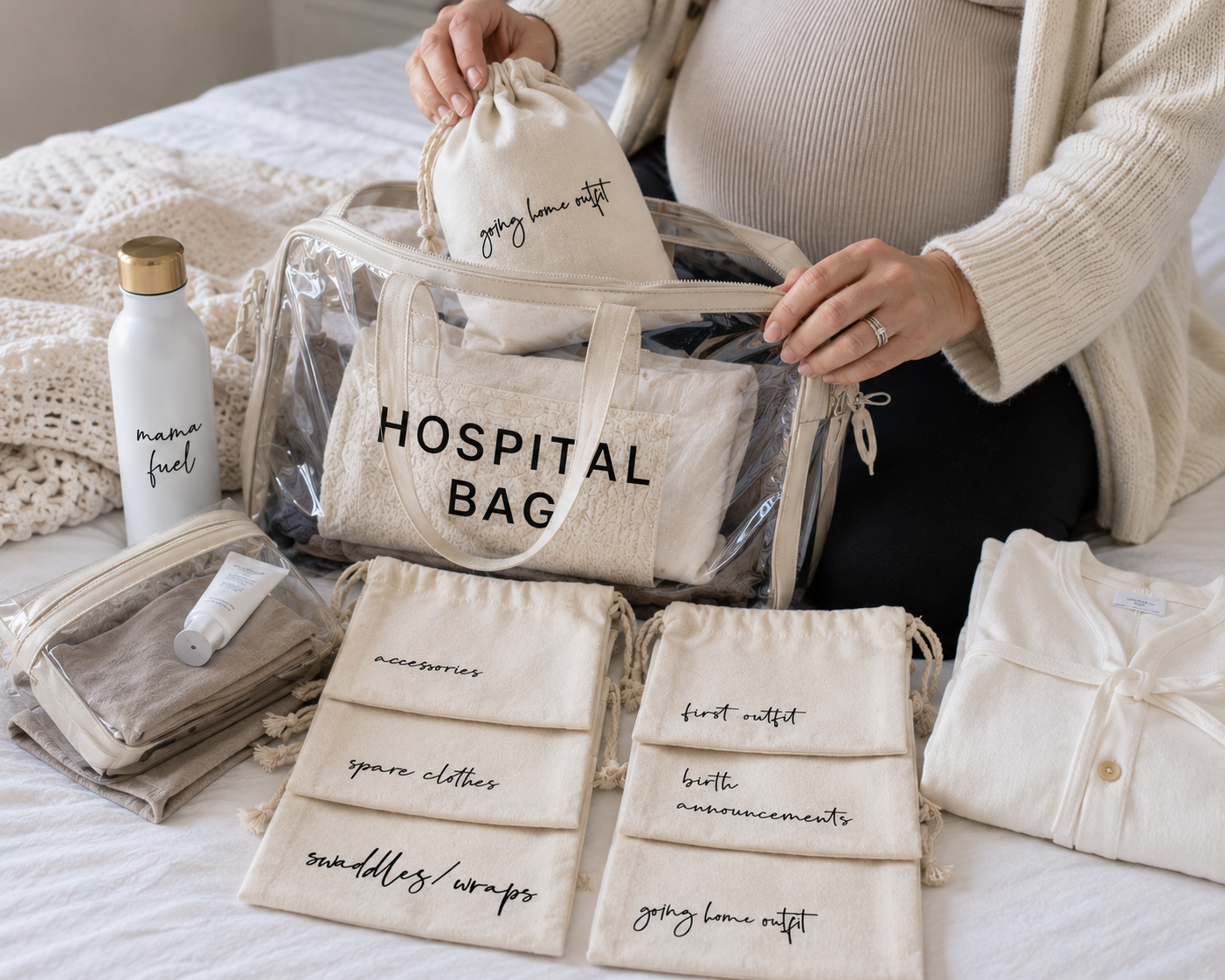 Neutral baby packing bags with swaddles, accessories and outfits