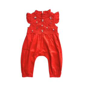 Sienna Shirred Plain Embroidered Jumpsuit-Red