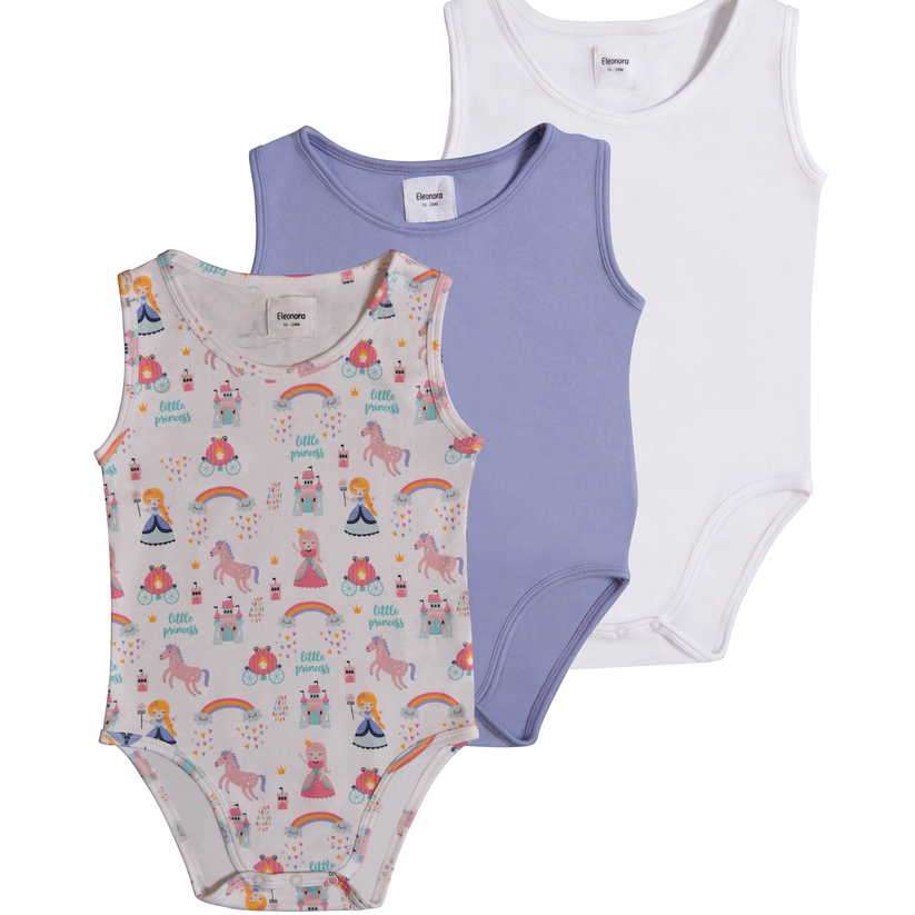 3-Pack Sleeveless Organic Bodysuits-Little Princess,  Sweet Lavender Purple and White