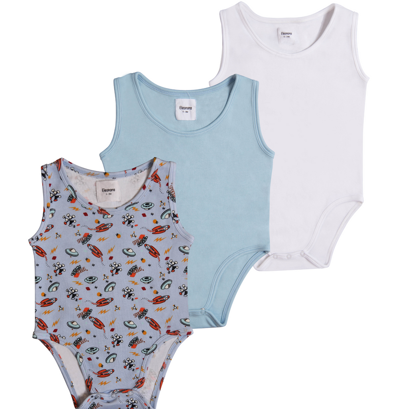 3-Pack Sleeveless Organic Bodysuits- Space Explorer, Clear Sky Blue and White