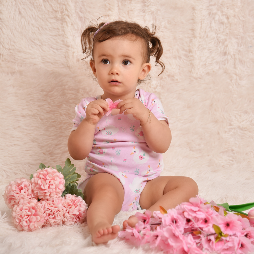 Eleonora - 3-pack Short Sleeve Organic Bodysuits - Swan, Cherry Blossom Pink and White