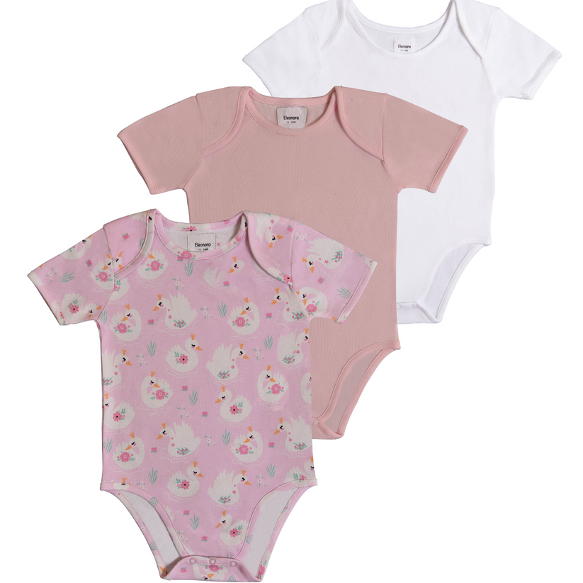 3-pack Short Sleeve Organic Bodysuits - Swan, Cherry Blossom Pink and White