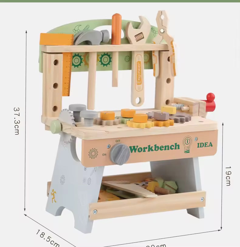     Wooden pretend play workbench toy with tools, gears and storage drawer