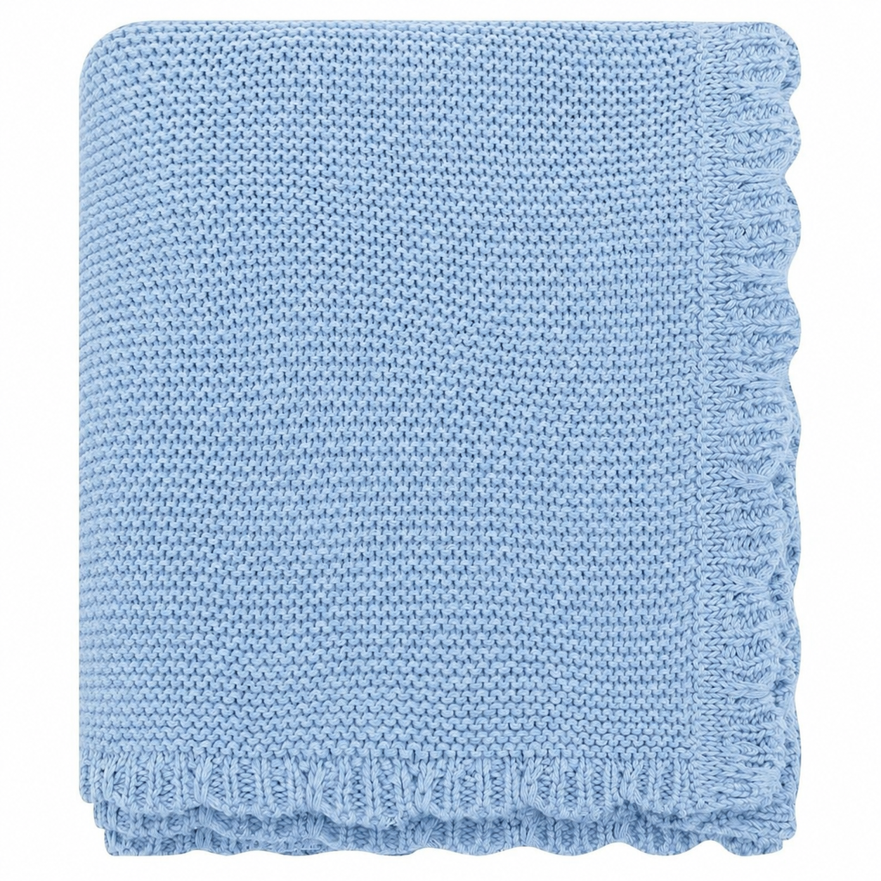 Baby blue scalloped knitted baby blanket folded neatly with textured knit detail and scalloped trim.