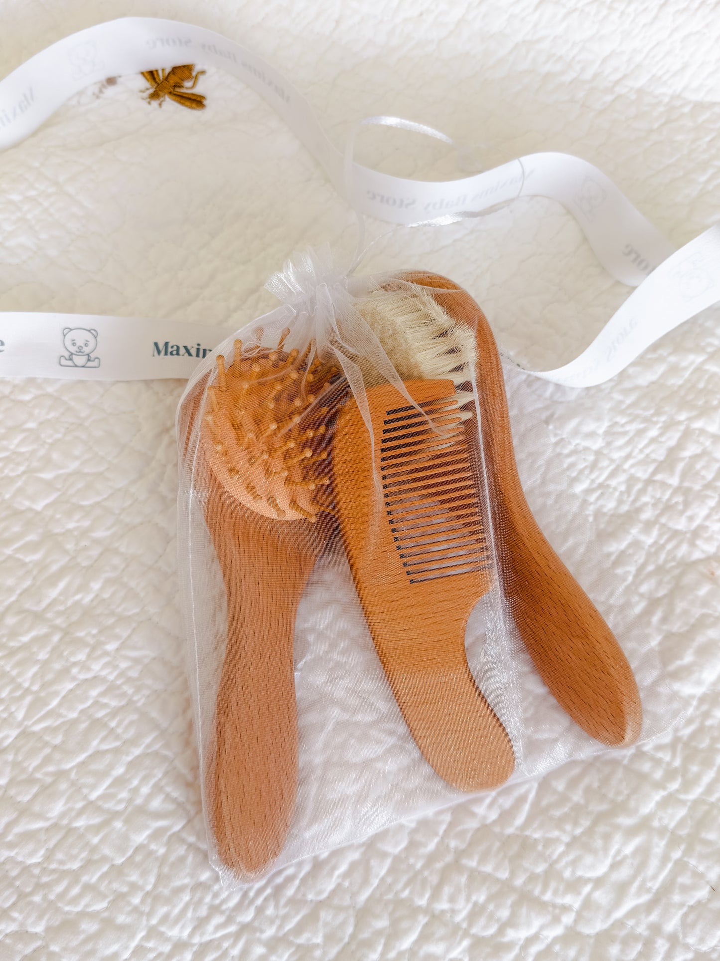 Wooden Baby Brush & Comb Set — Natural Beechwood with Goat Hair Bristles