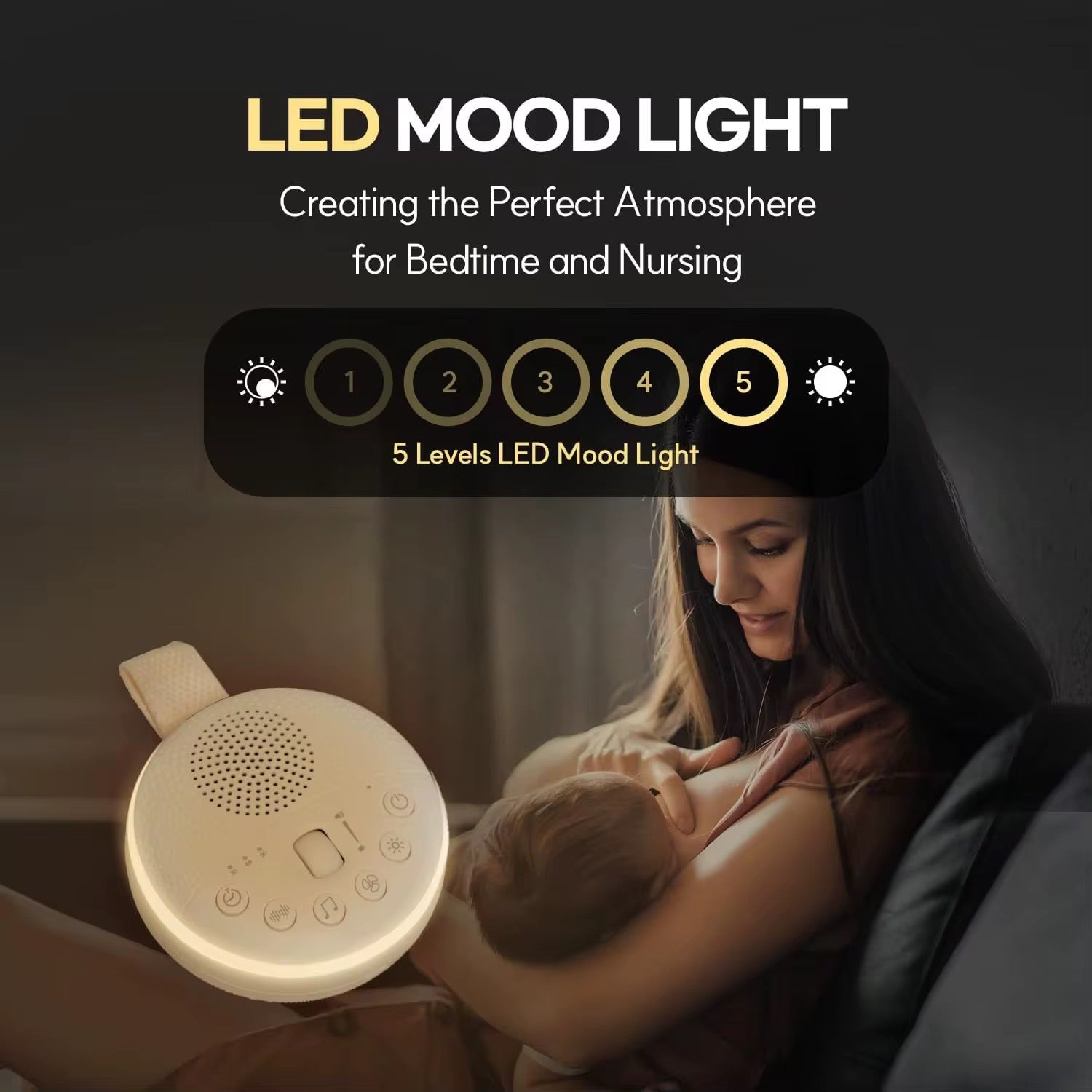 Mother nursing her baby at night with a soft glowing baby white noise machine providing 5-level LED mood light for calm bedtime feeds.
