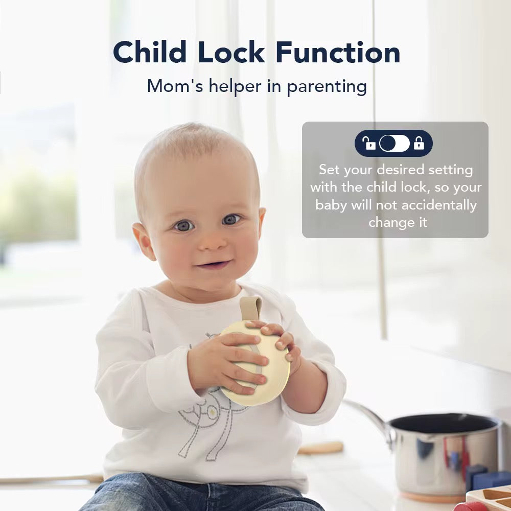 Smiling baby holding a portable white noise machine with child lock function, designed to prevent accidental setting changes.
