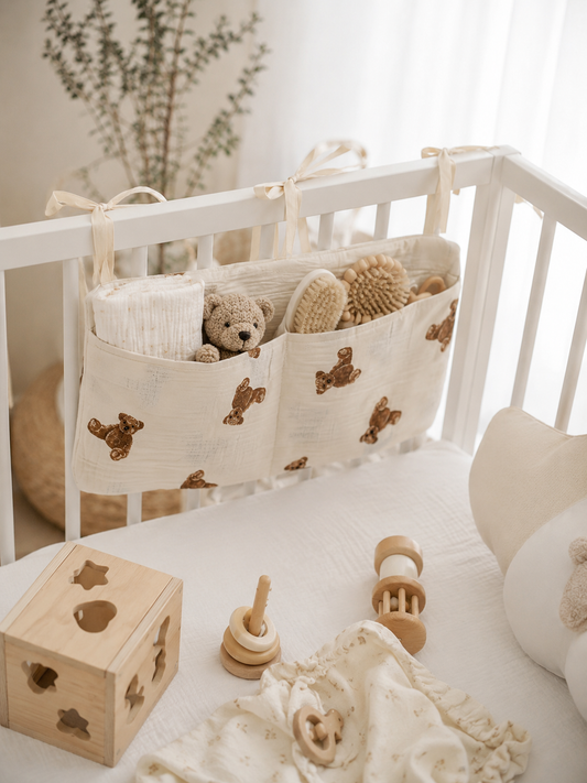 Cream cotton muslin bedside baby diaper organiser with teddy bear print and tie straps — Maxims Gift Co. nursery essentials Dubai UAE
