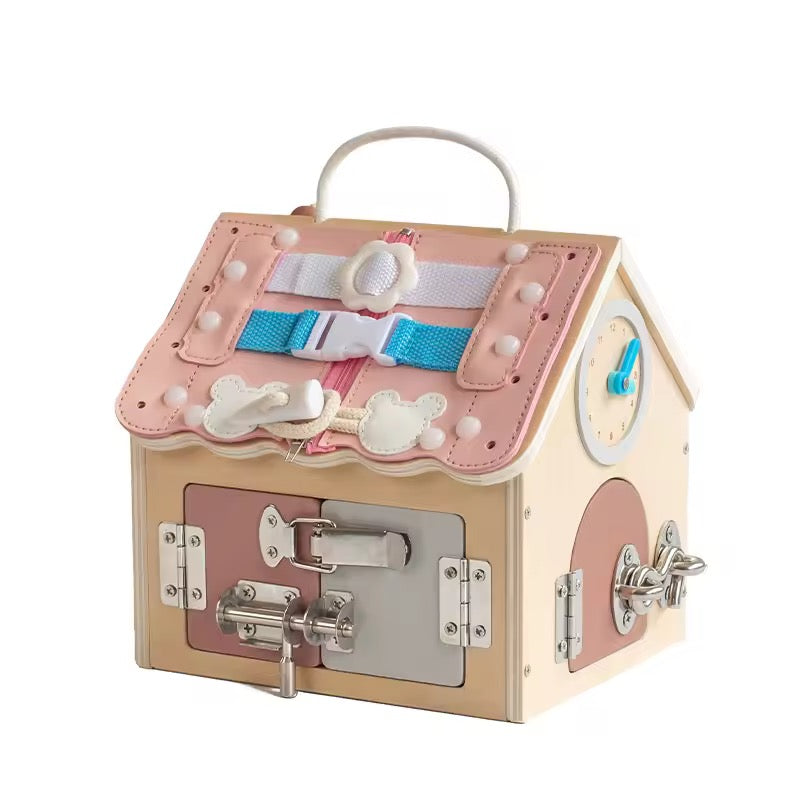 Educational wooden busy house toy helping toddlers improve fine motor skills and coordination
