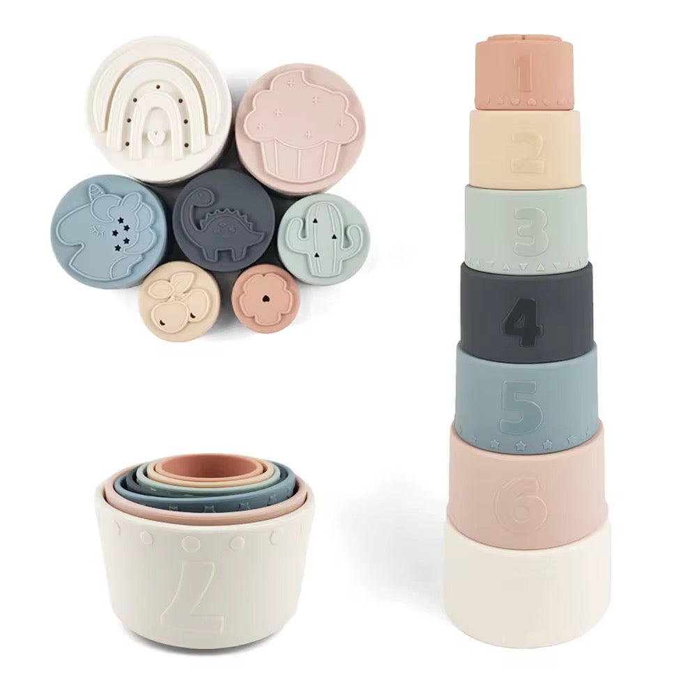 Educational silicone stacking toy cups designed for sensory development and hand-eye coordination