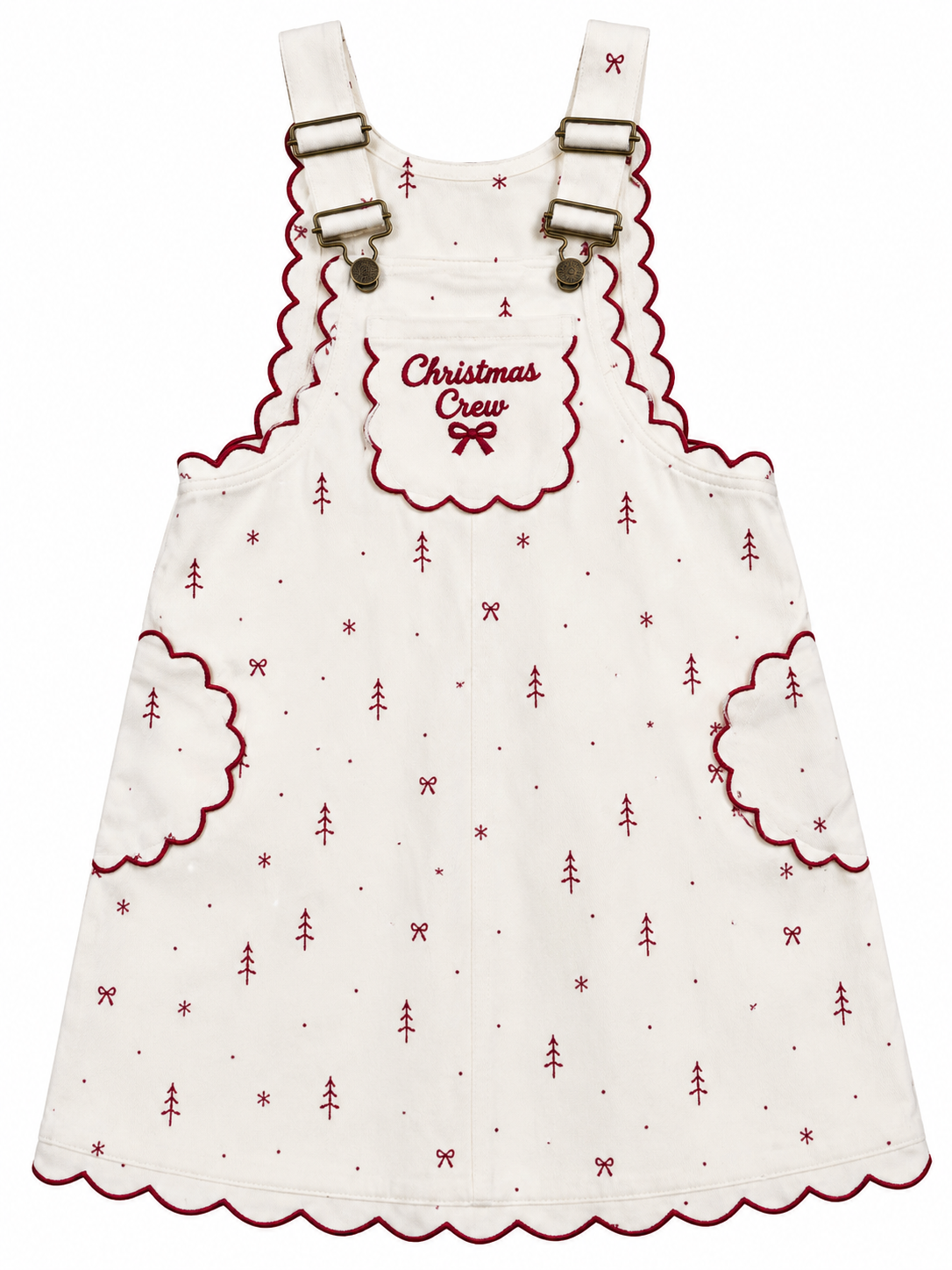 Girls cream and burgundy Christmas Crew embroidered pinafore dress