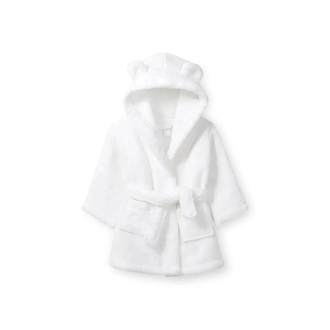 Hooded baby bathrobe with tie belt and bow detail in soft organic cotton — Maxims Baby Store. nursery gift UAE
