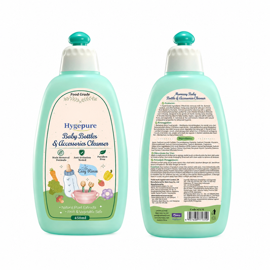     Hygepure 450ml baby bottle and accessories cleanser front view with natural plant extract formula