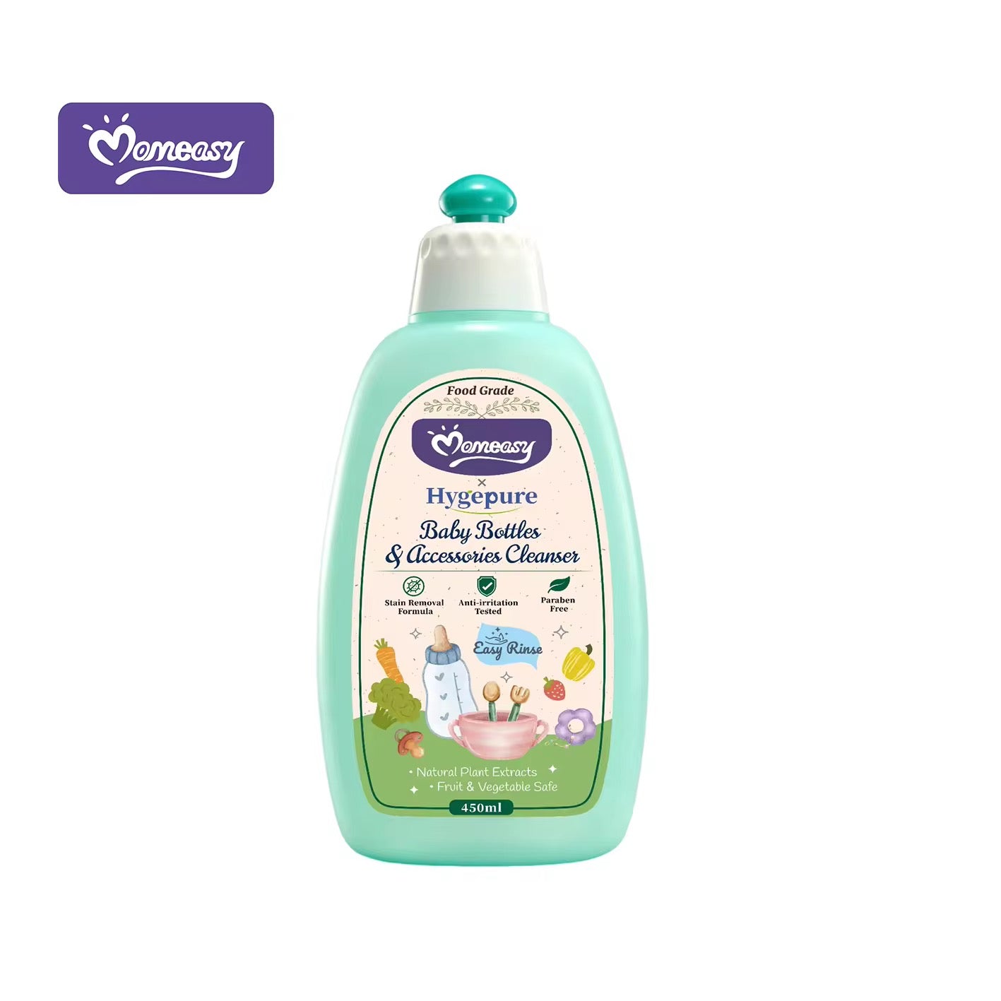     Back label of Hygepure baby bottle cleanser showing ingredients and usage instructions