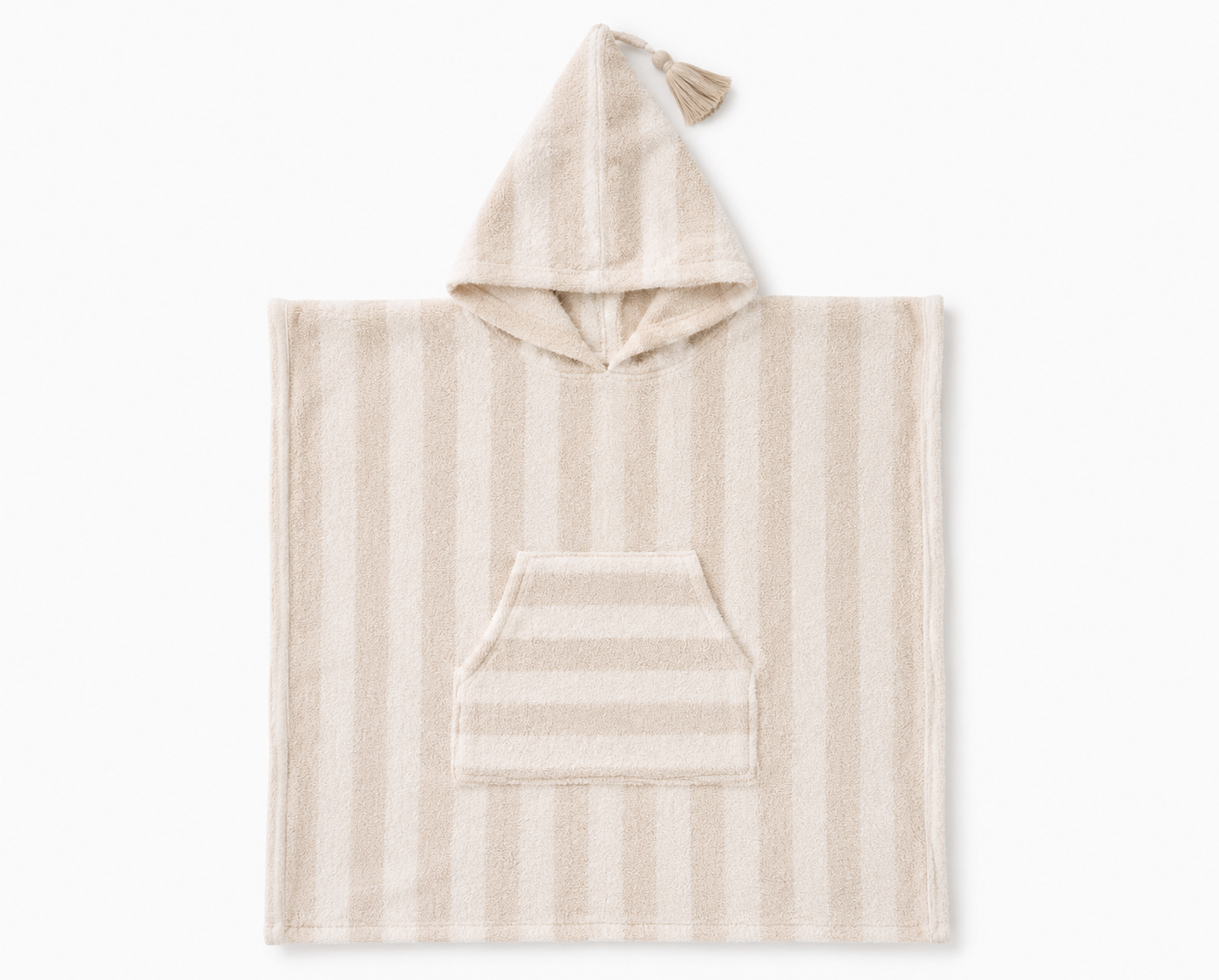 Kids hooded beach poncho towel in sandy stripe with tassel hood detail flat lay at Maxim's Baby Store
