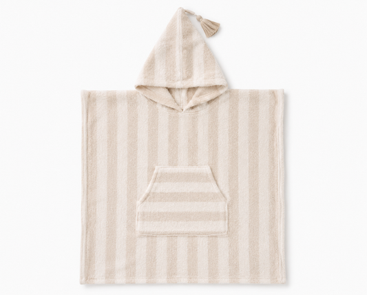 Kids hooded beach poncho towel in sandy stripe with tassel hood detail flat lay at Maxim's Baby Store
