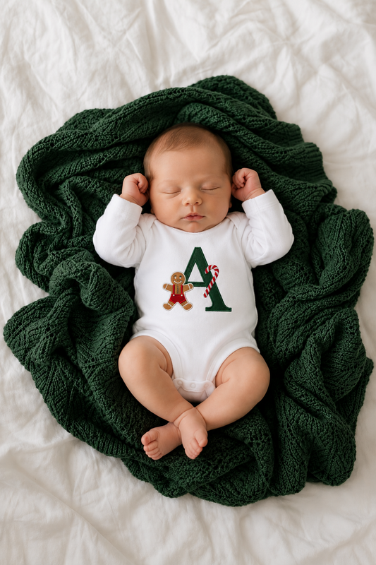 Baby wearing white personalised Christmas bodysuit with gingerbread initial embroidery on forest green knitted blanket