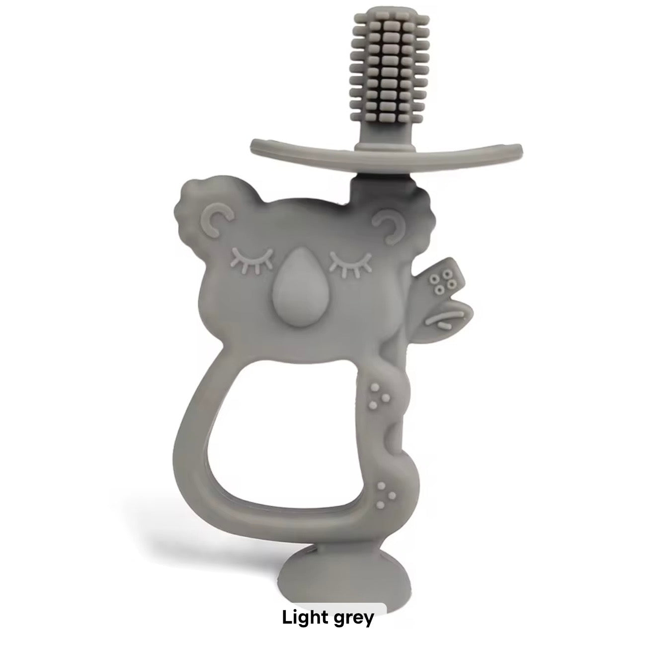 Grey Maxim koala silicone baby teether with suction base and soft toothbrush bristles on white background