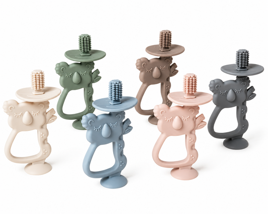 Silicone koala teething toothbrush designed for babies with easy grip handle and soft bristles