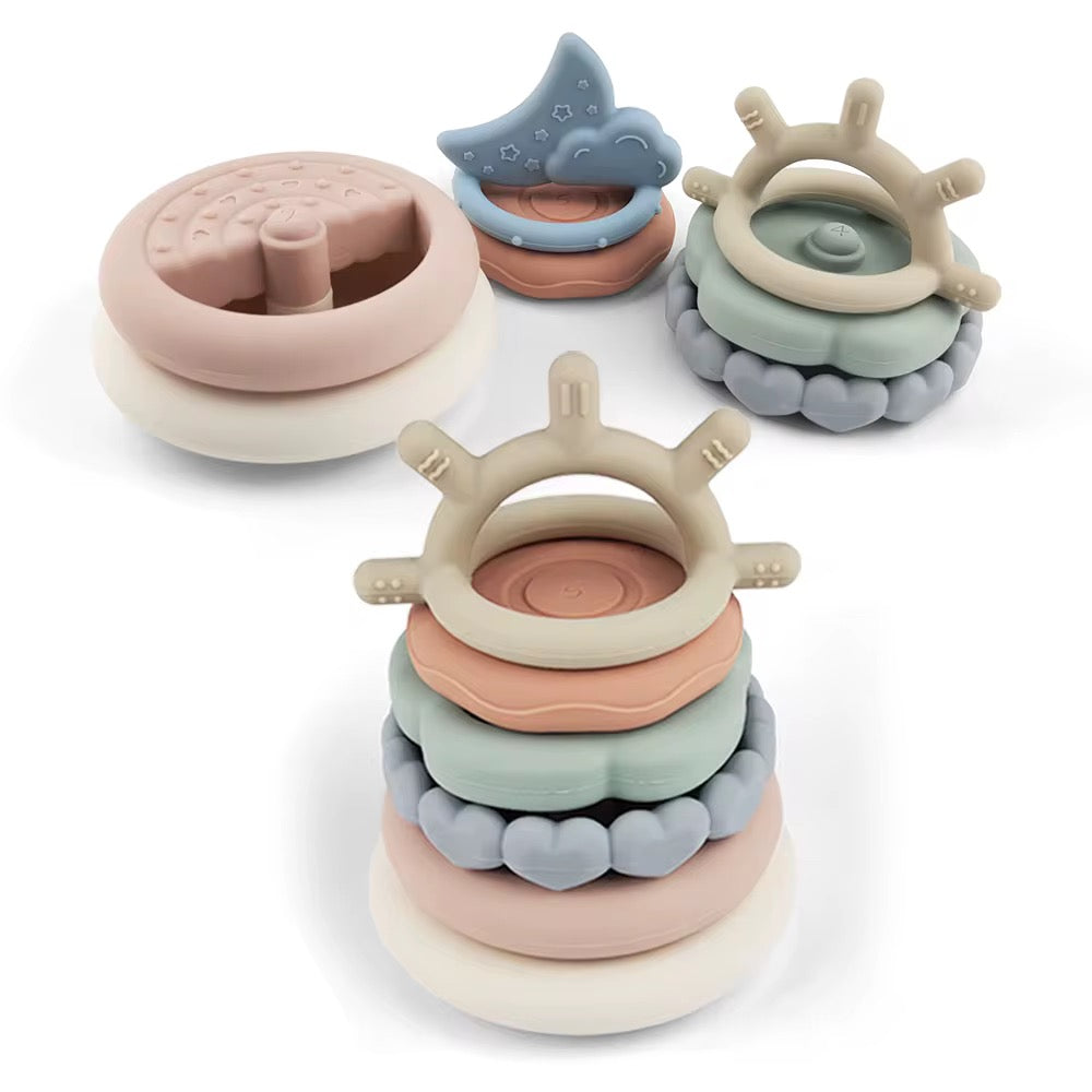     Maxim silicone baby stacking teether toy set with pastel stacking rings in sun and moon designs