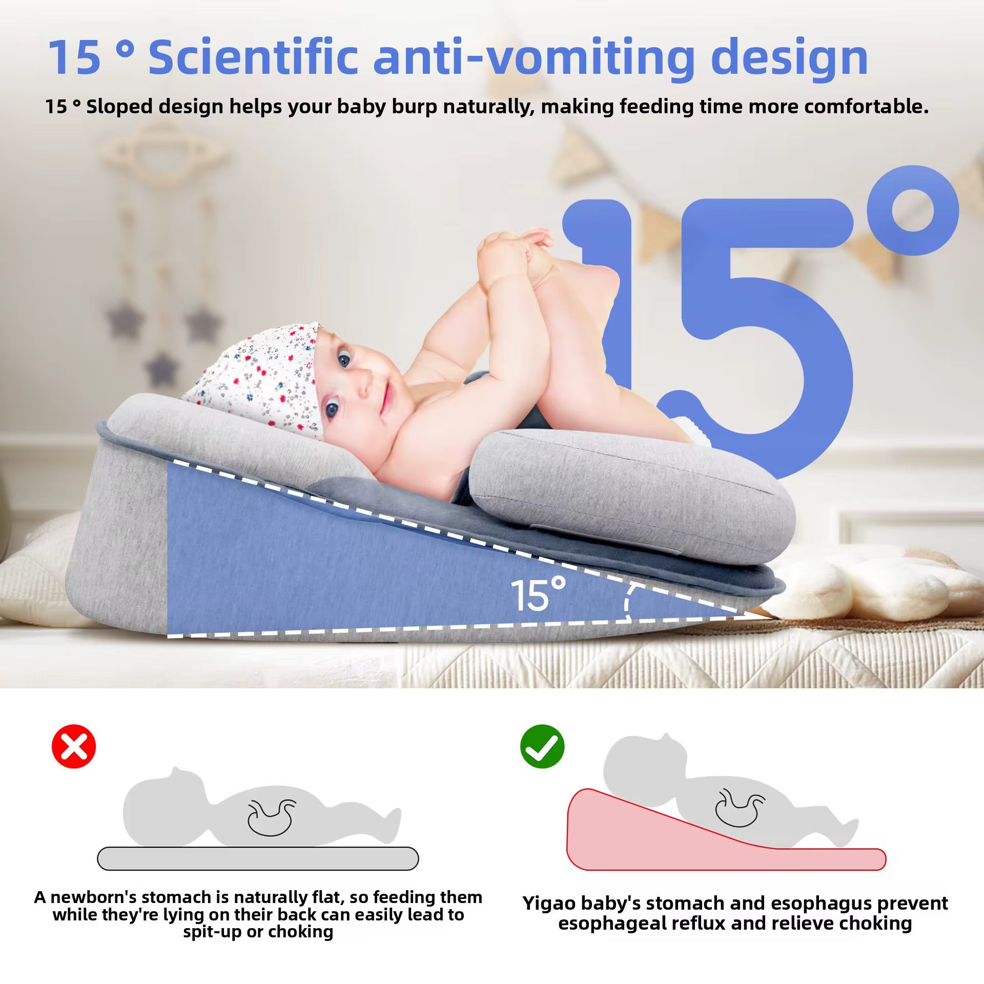 15-degree inclined anti-reflux baby pillow designed to reduce spit-up, support digestion, and provide comfortable newborn feeding positioning.