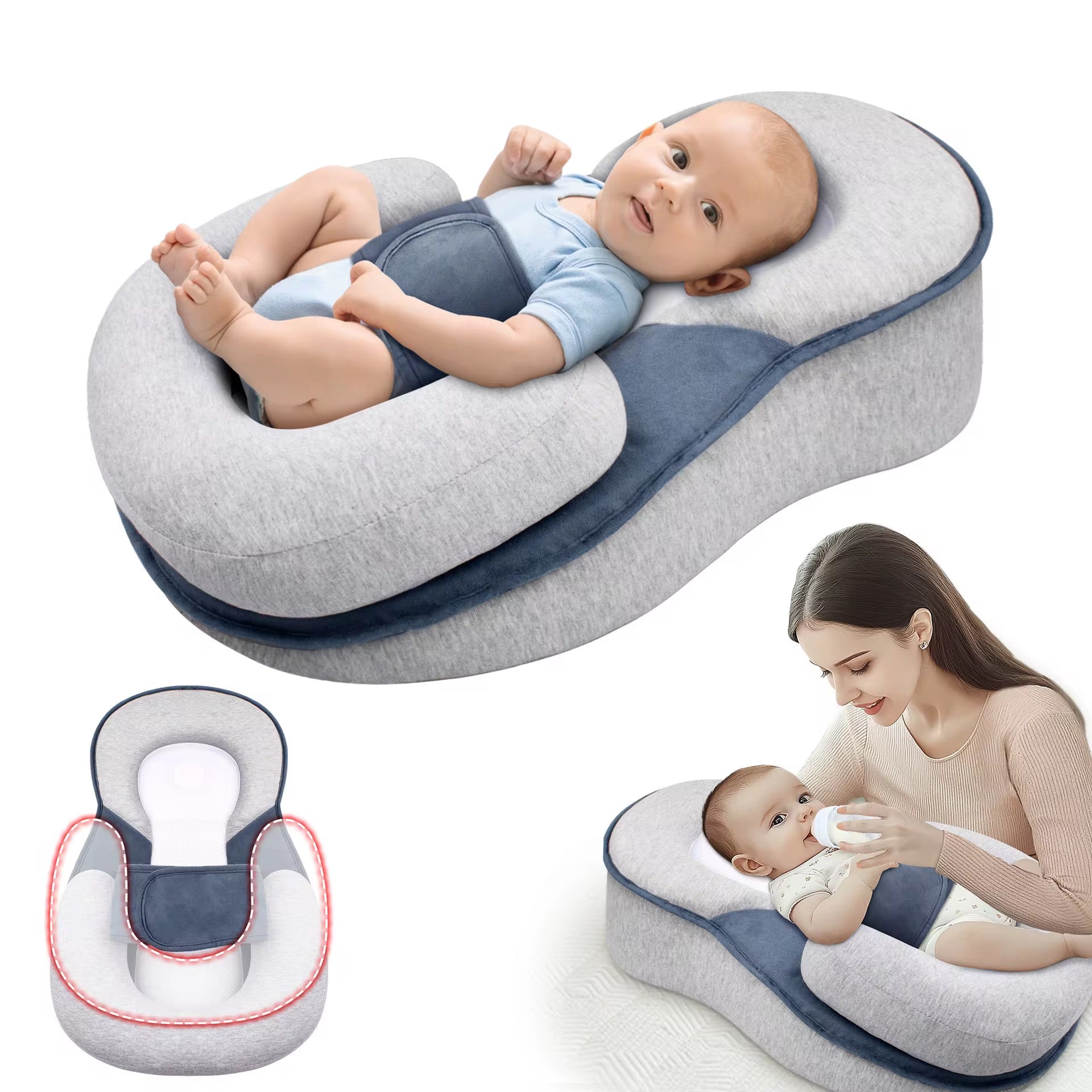 Baby lying comfortably in a Maxims anti-reflux baby lounger pillow with ergonomic newborn support and feeding cushion design.
