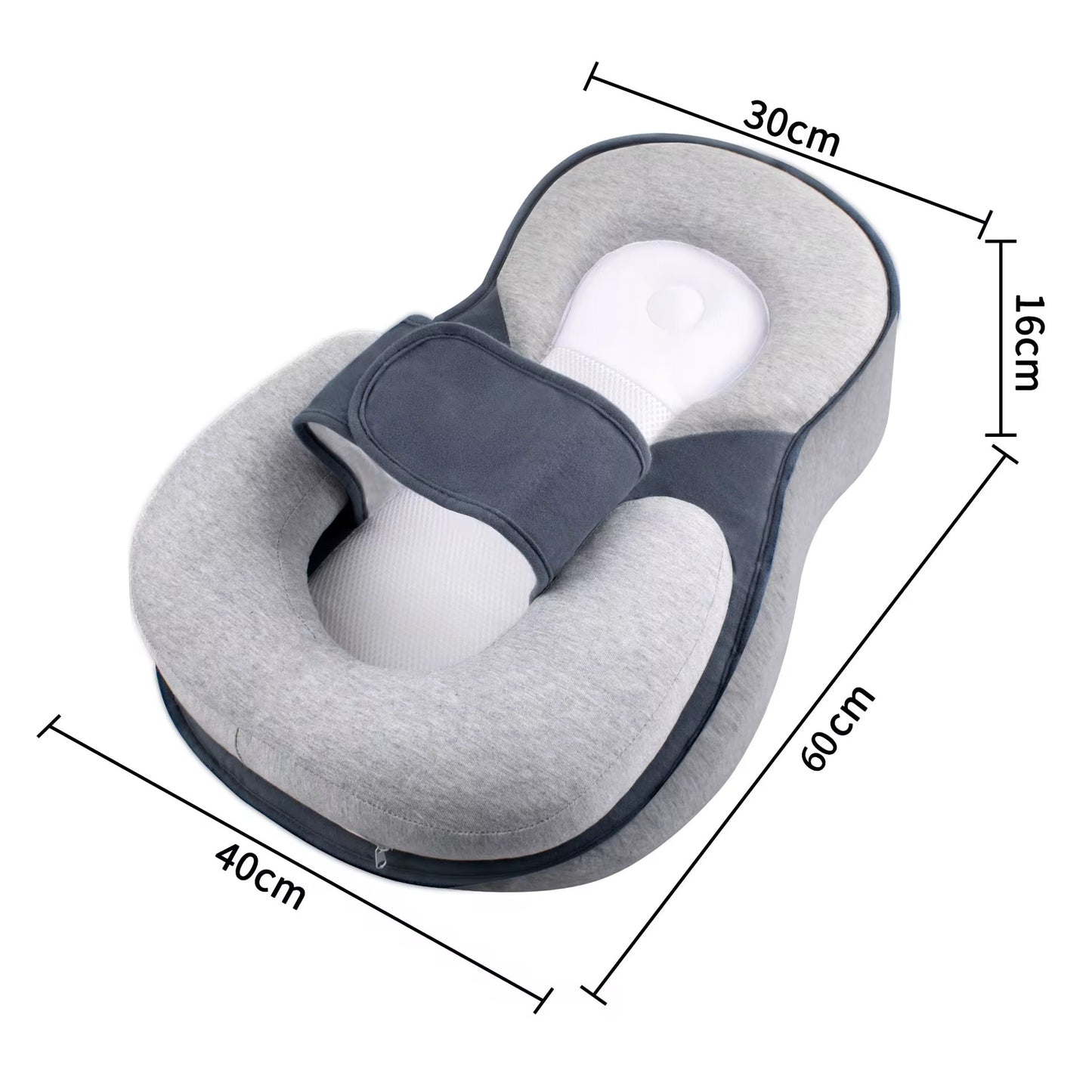 Maxims baby lounger pillow dimensions measuring 60cm x 40cm with ergonomic newborn support and anti-reflux incline design.