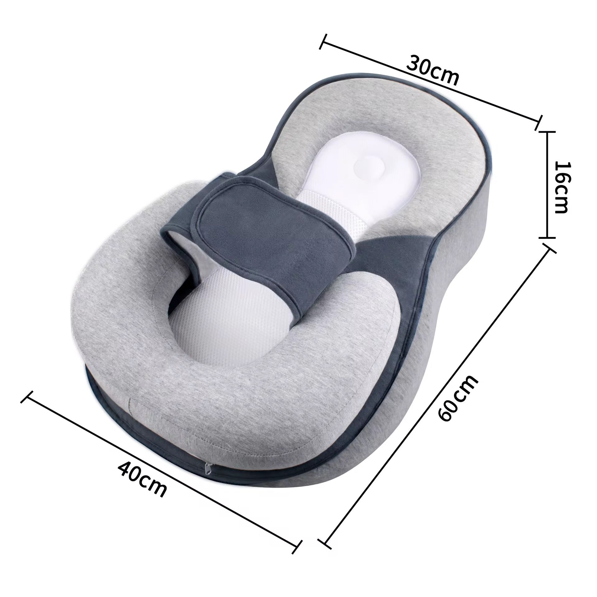 Maxims baby lounger pillow dimensions measuring 60cm x 40cm with ergonomic newborn support and anti-reflux incline design.
