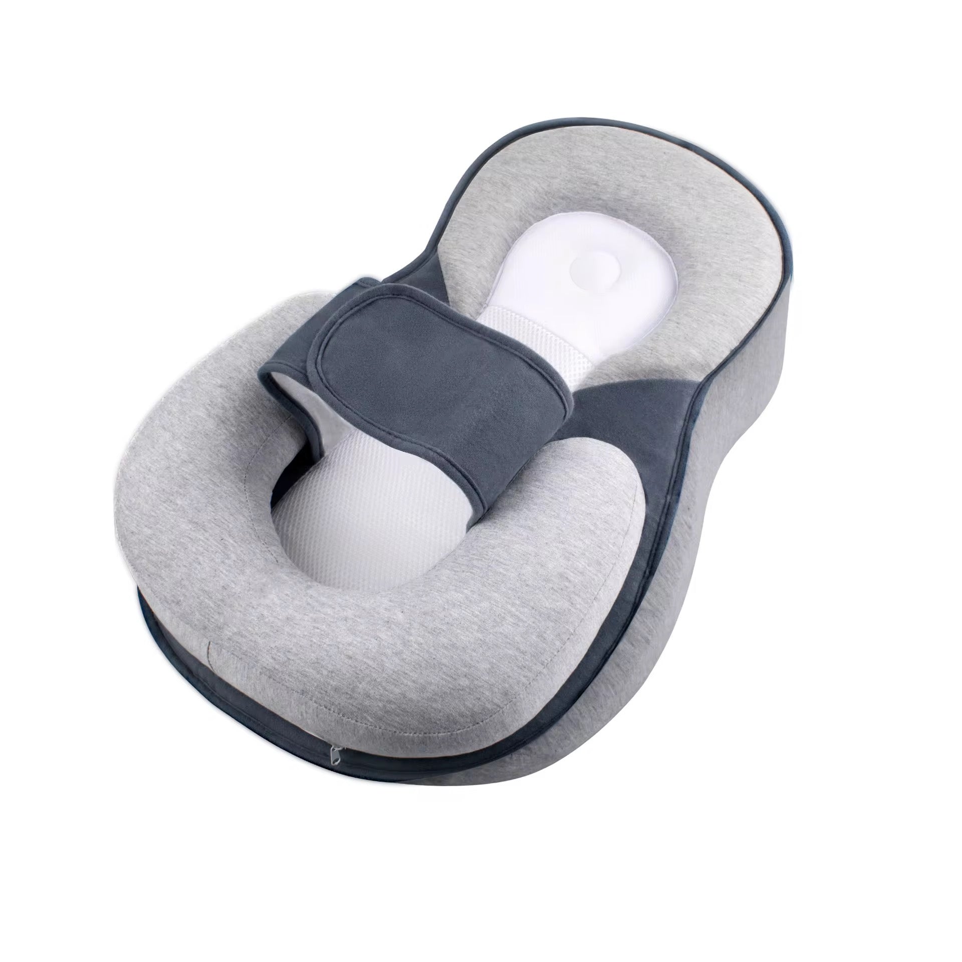 Grey newborn anti-reflux baby lounger pillow with ergonomic support, breathable fabric, and comfortable infant positioning.