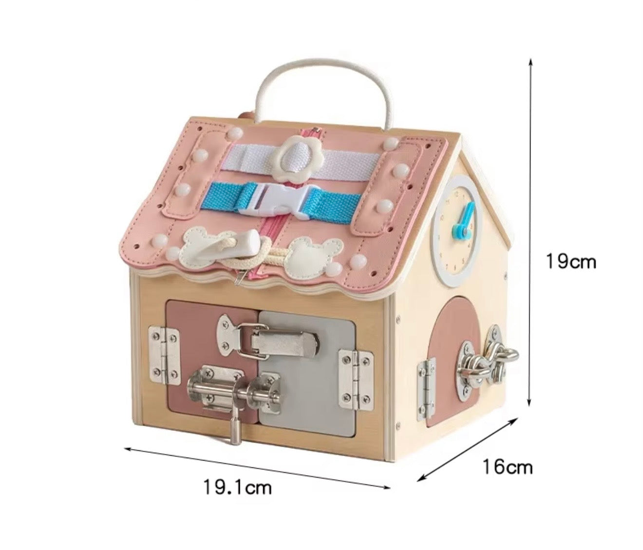 Size dimensions of Montessori wooden busy house sensory toy for toddlers