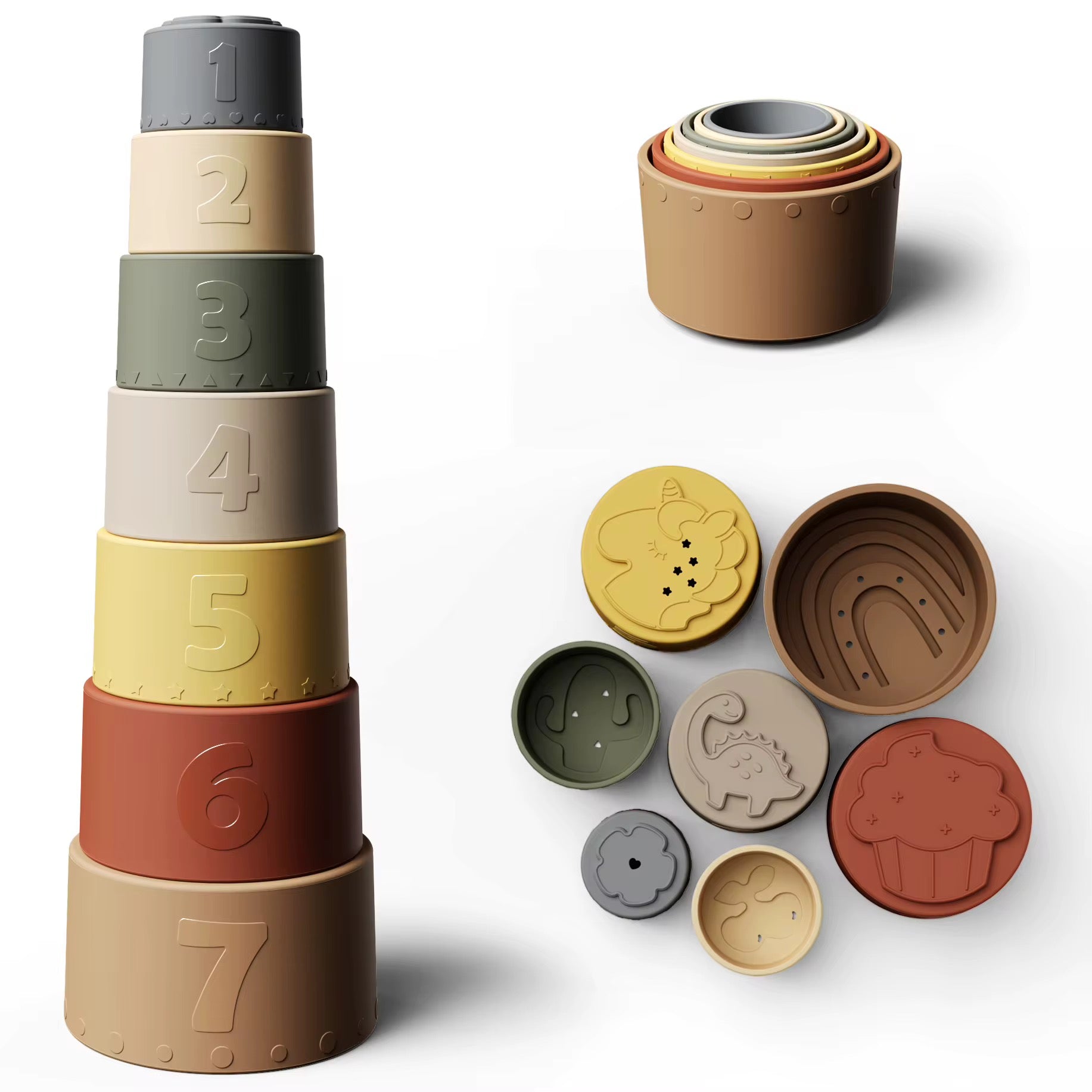 Montessori silicone nesting cups with embossed animal and shape patterns for sensory play