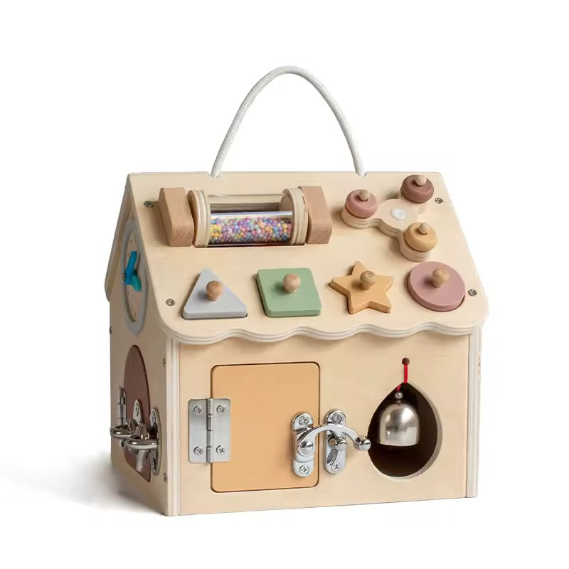 Montessori wooden busy house sensory toy with locks and learning activities for toddlers