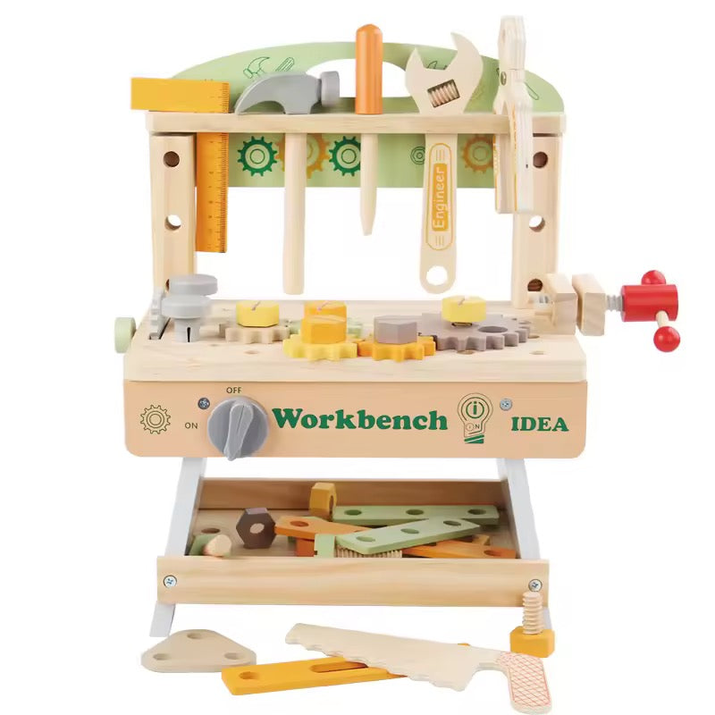     Wooden pretend play workbench toy with tools, gears and storage drawer