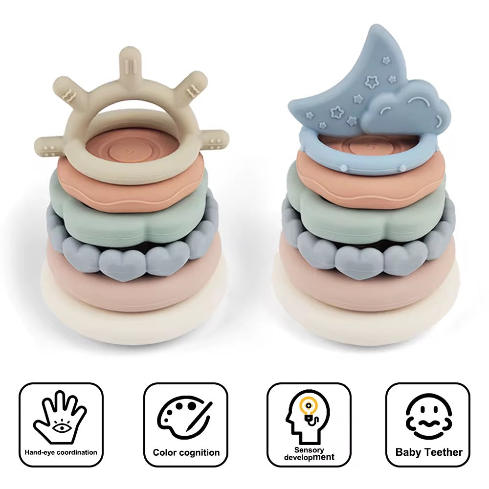    Moon-shaped silicone baby teether and stacking toy in soft pastel colours