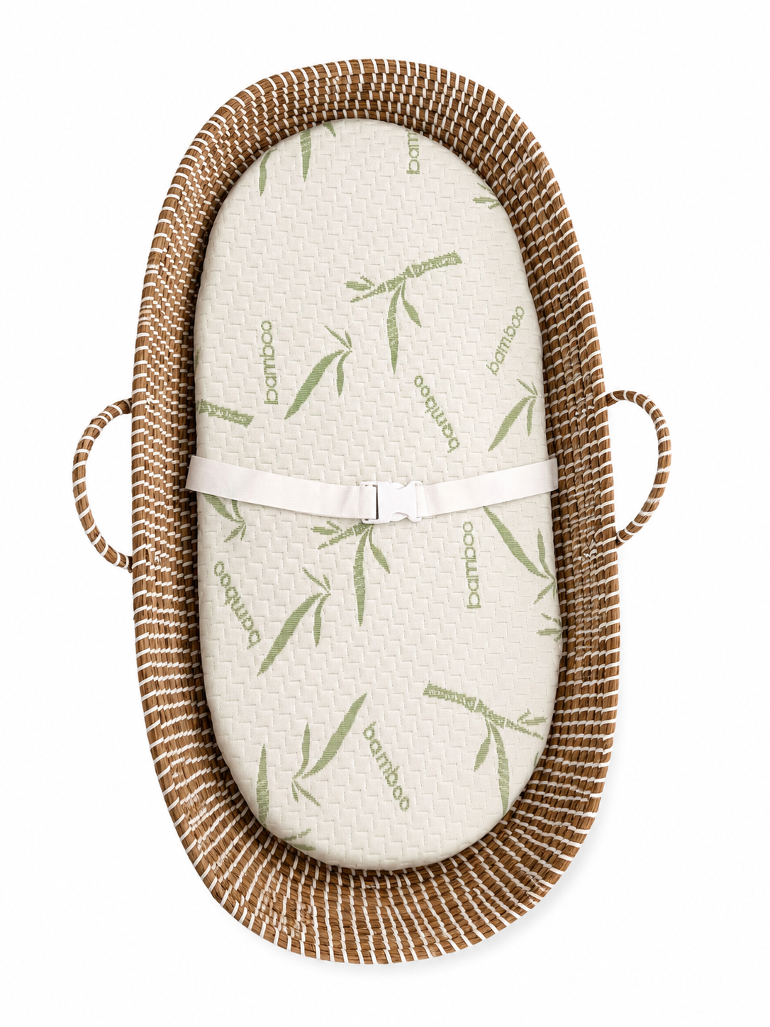 Top view of natural wicker baby bassinet with bamboo newborn mattress