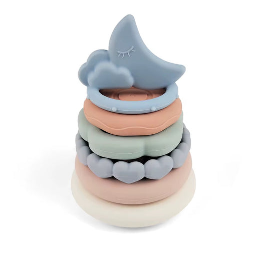     Pastel silicone stacking rings for babies with soft textures and teething-friendly design