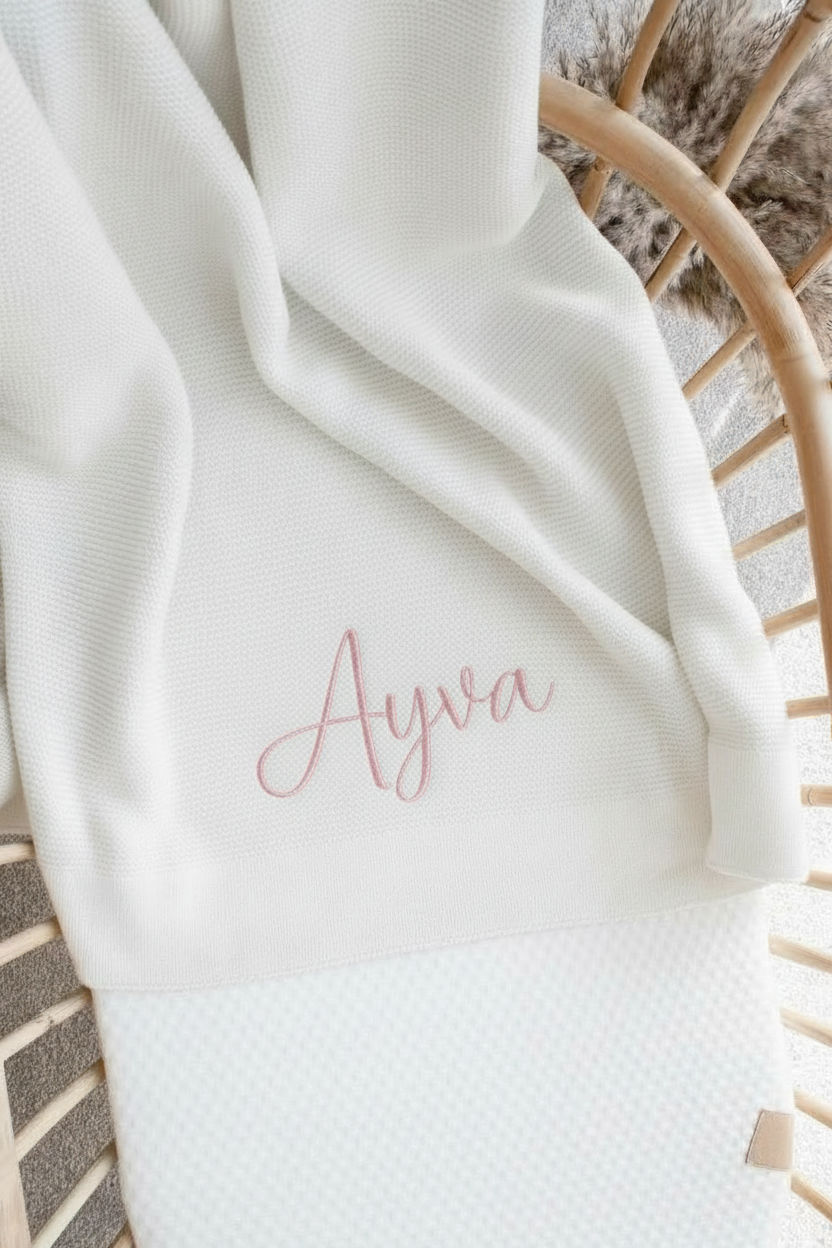 Close-up of Arabic name embroidery on white bamboo cotton baby blanket — beautiful keepsake gift for UAE families
