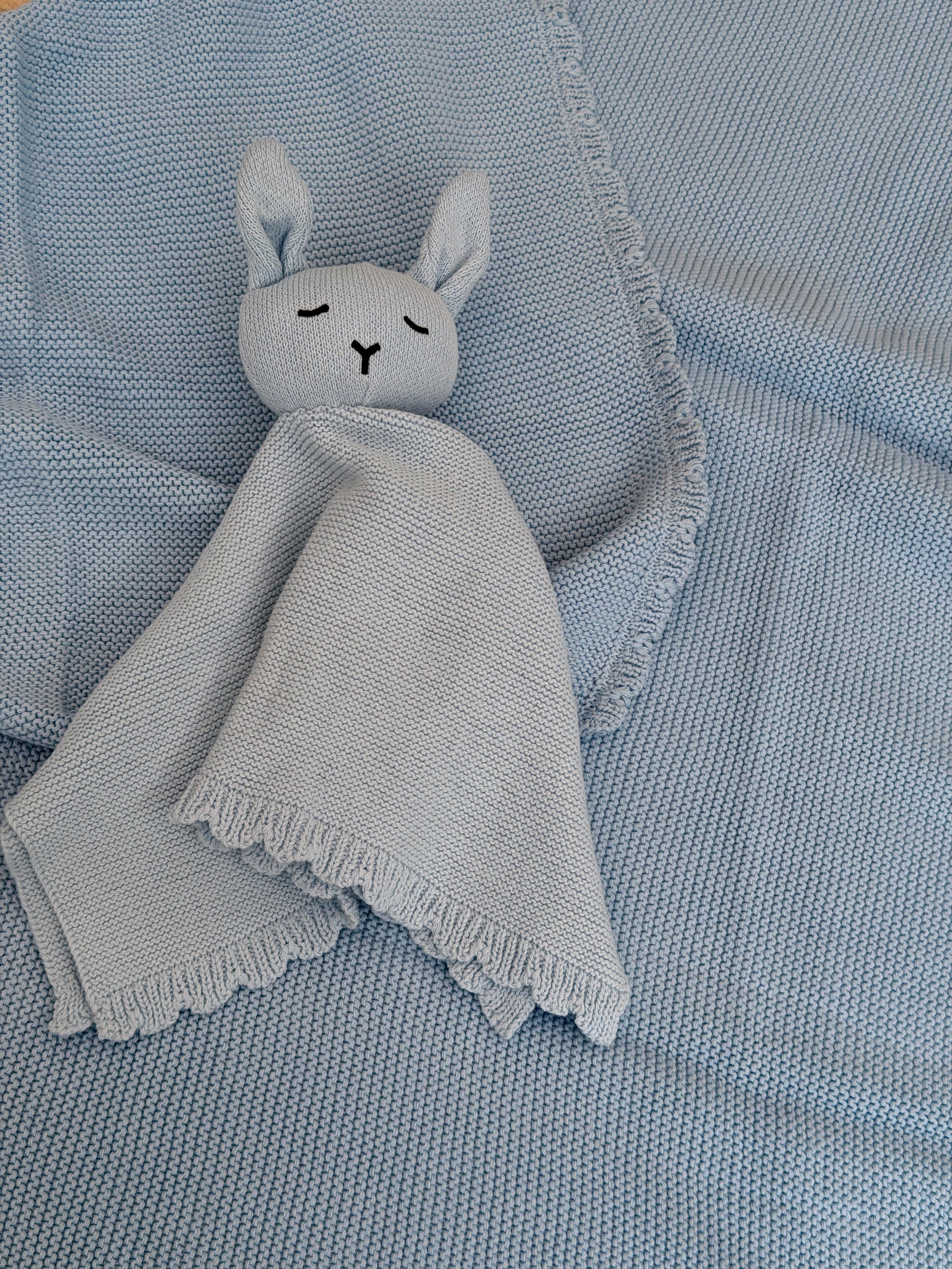 Personalised baby blue knit blanket and bunny comforter set with name embroidery — perfect baby boy gift in Dubai UAE
