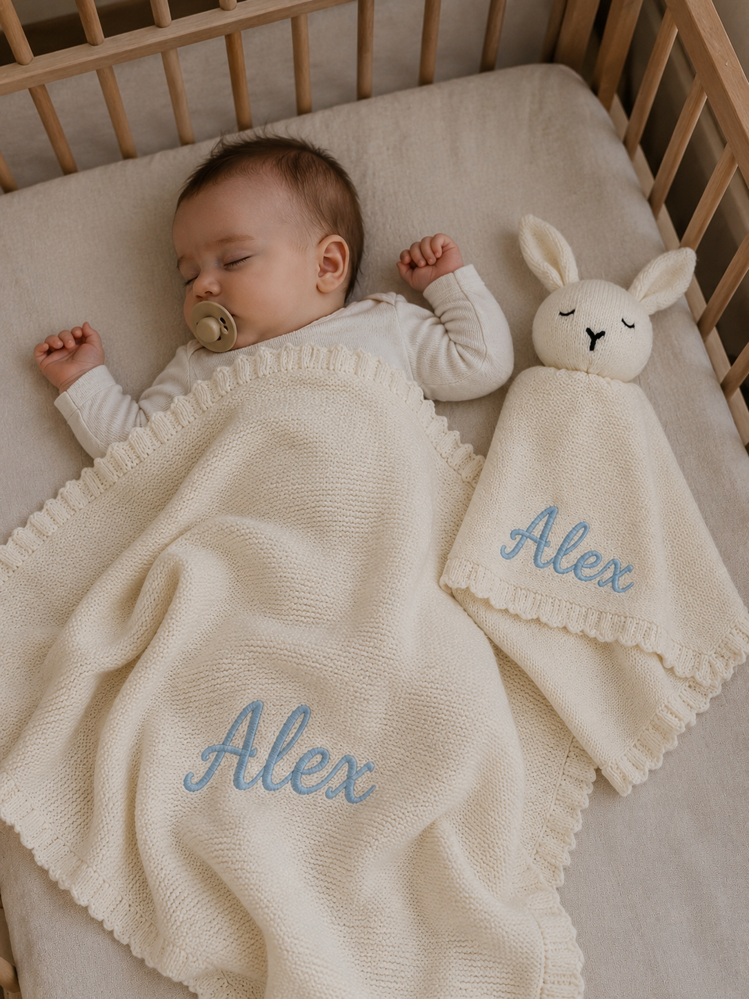Baby sleeping in a crib with personalized blanket and toy