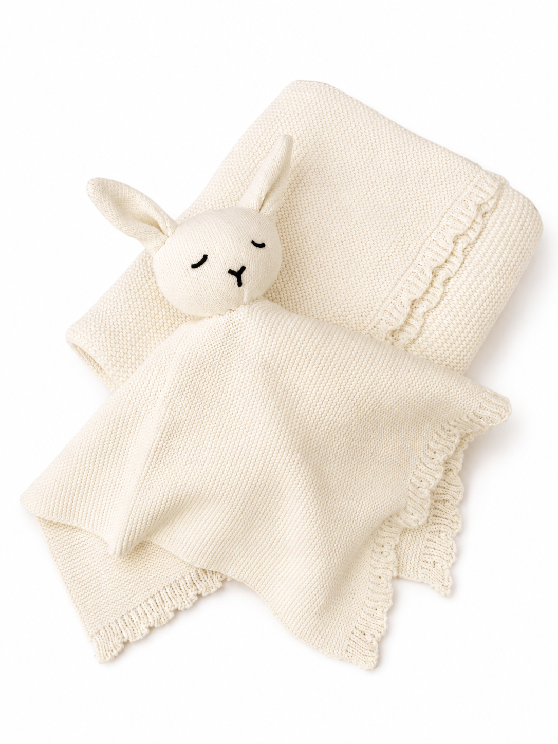 Personalised ivory knit baby blanket and bunny comforter set with name embroidery — timeless neutral newborn gift UAE
