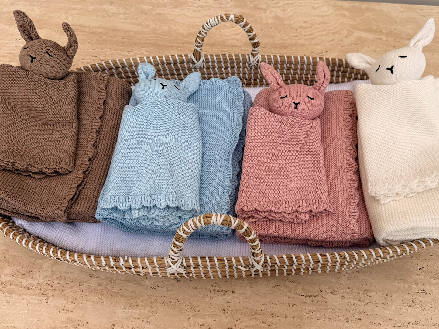 Personalised knit baby blanket and bunny comforter sets in mocha, ivory, blue and pink — Maxims Gift Co. Dubai UAE
