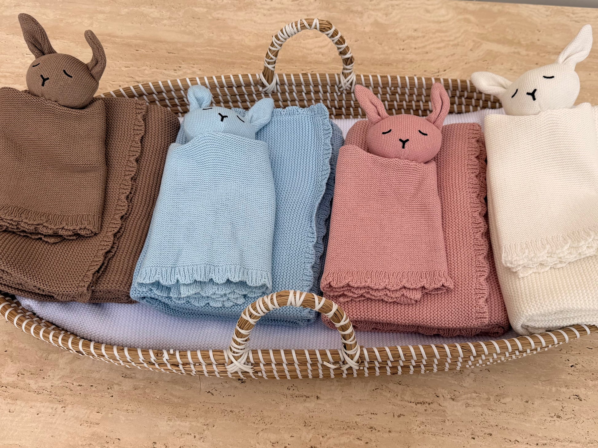 Personalised knit baby blanket and bunny comforter sets in mocha, ivory, blue and pink — Maxims Gift Co. Dubai UAE
