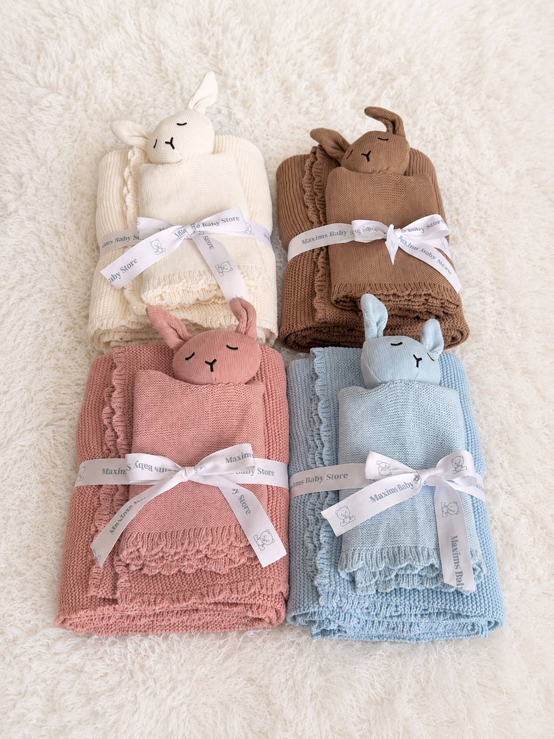 Personalised knit baby blanket and bunny comforter sets in mocha, ivory, blue and pink — Maxims Gift Co. Dubai UAE
