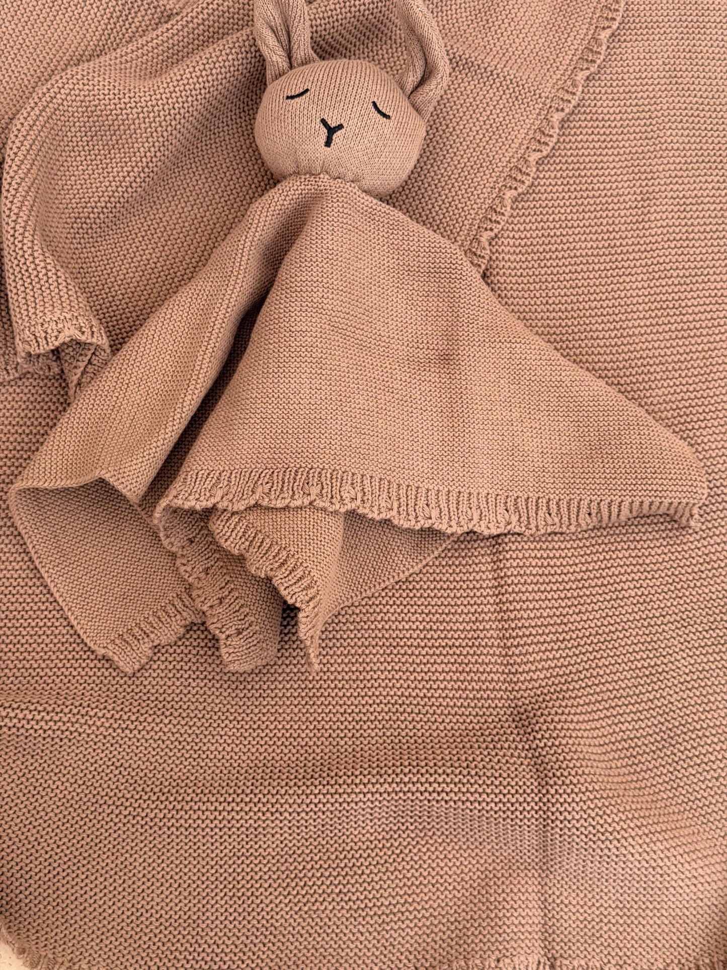 Personalised mocha knit baby blanket with matching bunny comforter and embroidered name — Maxims Gift Co. newborn gift Dubai UAE
