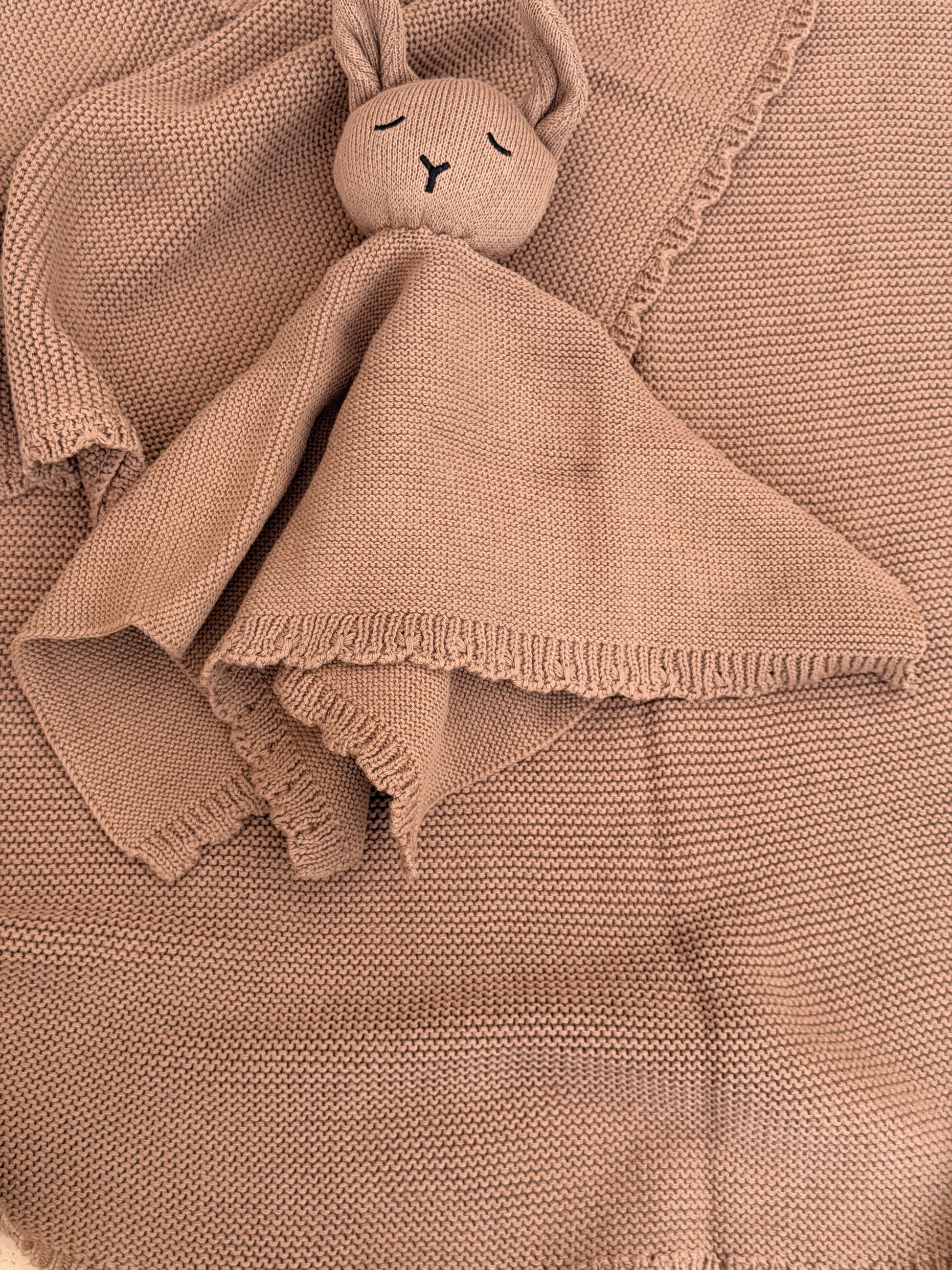 Personalised mocha knit baby blanket with matching bunny comforter and embroidered name — Maxims Gift Co. newborn gift Dubai UAE
