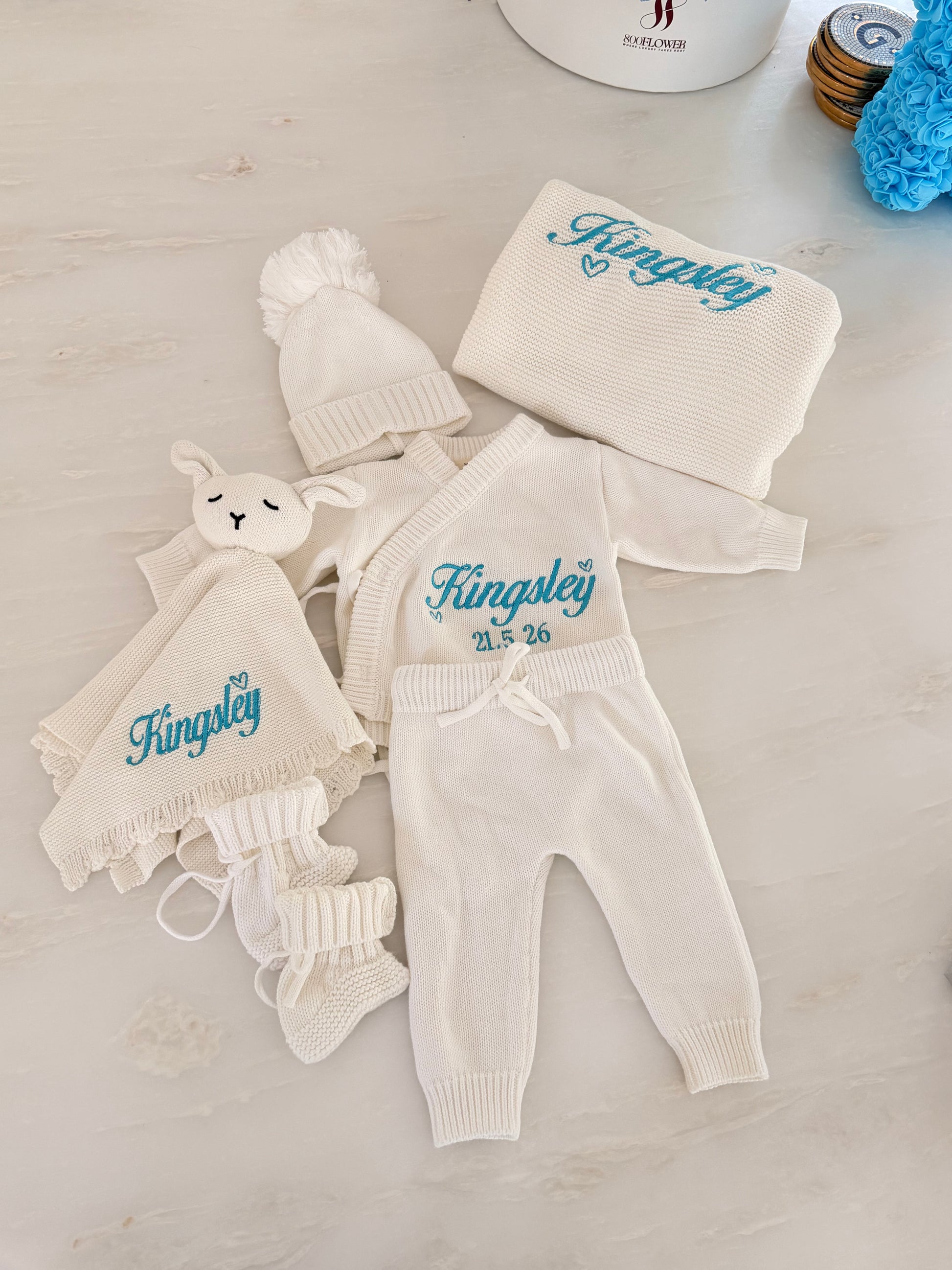 Personalised newborn knit cardigan and pants set embroidered with baby’s name and date of birth