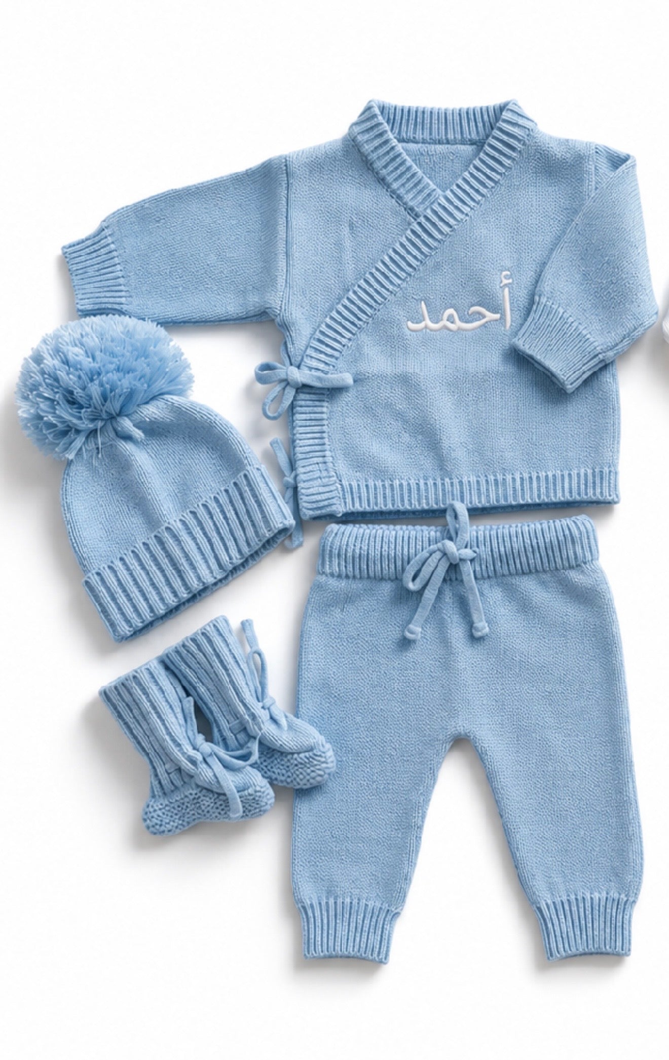 Personalised blue bamboo cotton newborn knit outfit set with English or Arabic name embroidery — 4-piece bundle Dubai UAE
